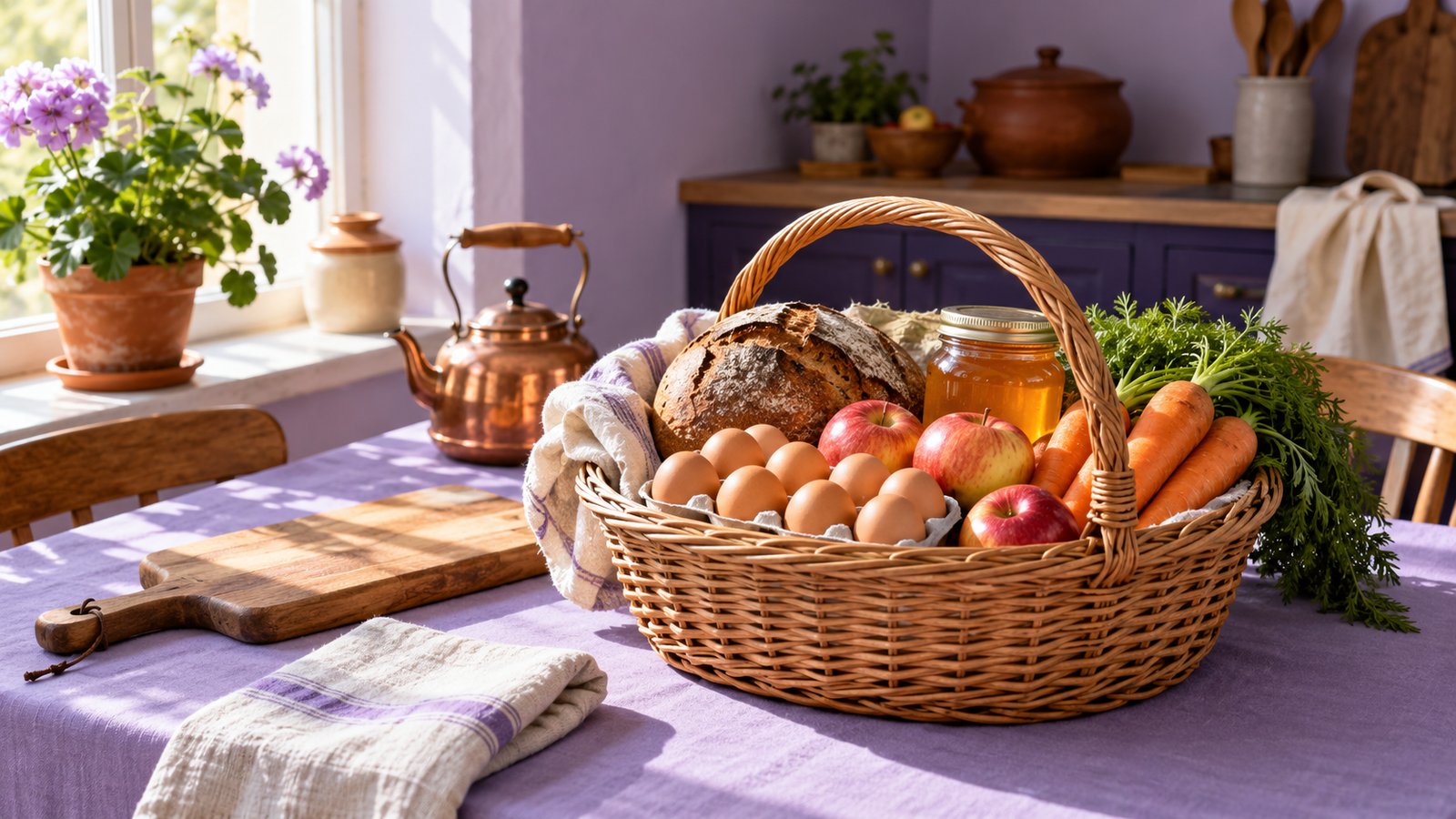 Иллюстрация: простая корзина с обычными упаковками продуктов на кухонном столе, без ценников и надписей.